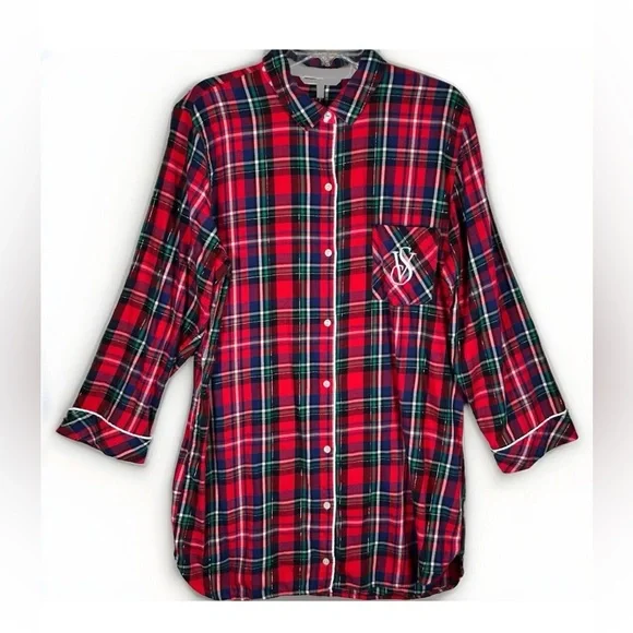 Victoria's Secret VS Dreamer Red Plaid Button-Front Sleep Shirt - Picture 1 of 6